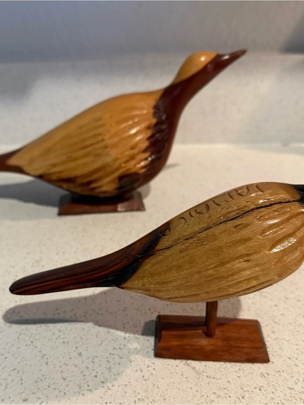 Vintage 2pcs Jamaican Hand Carved Wooden Bird Figurines on Matching Stands